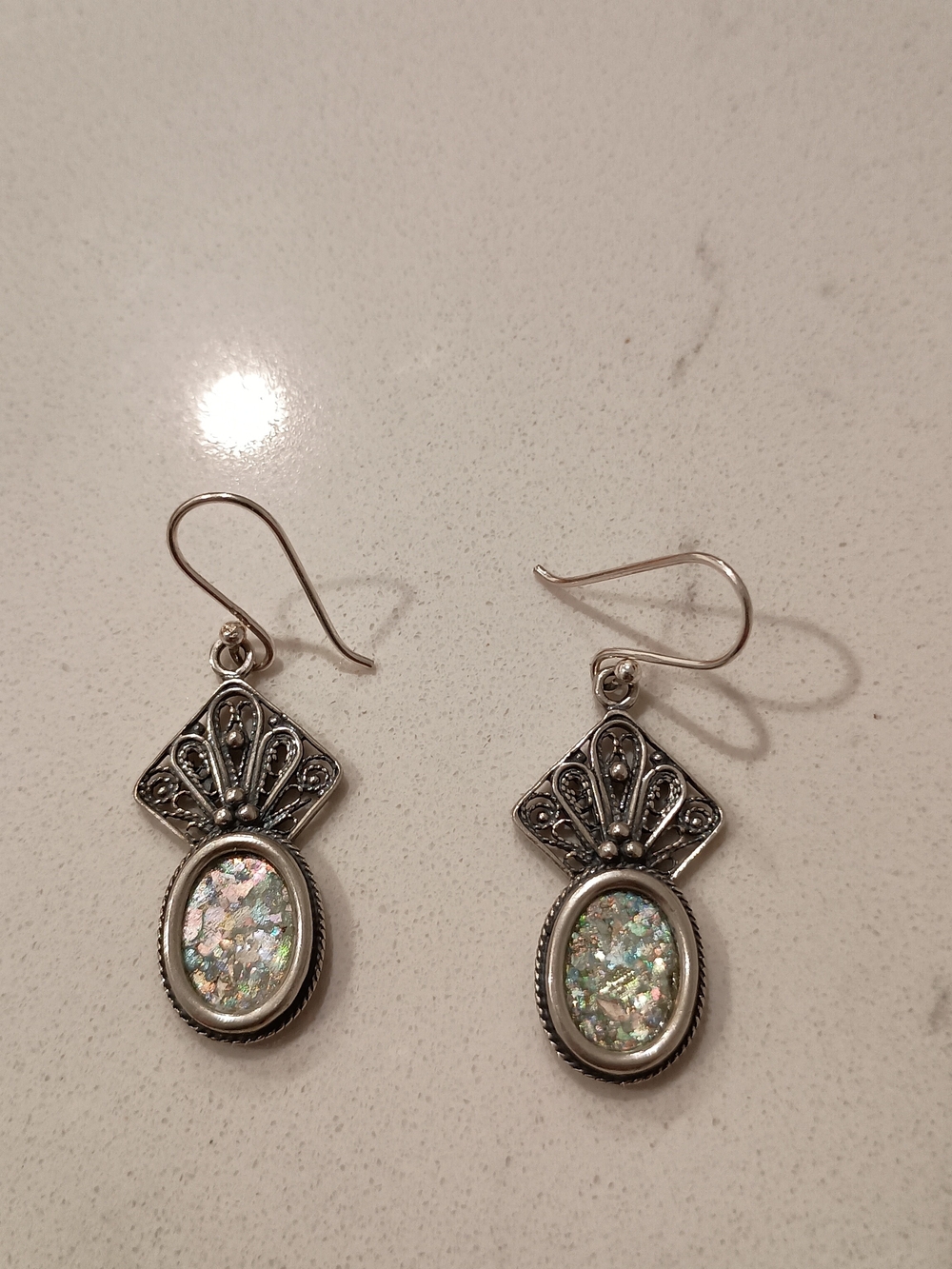 Vintage Israeli Silver Roman Glass Earrings * Pearly White Iridescent Glass